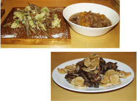 直送された鹿児島産食材を用いた肴/きびなごとフキの天ぷら（左上）、牛スジの煮込み（右上）、かんぼし大根と豚なん骨炒め（下）